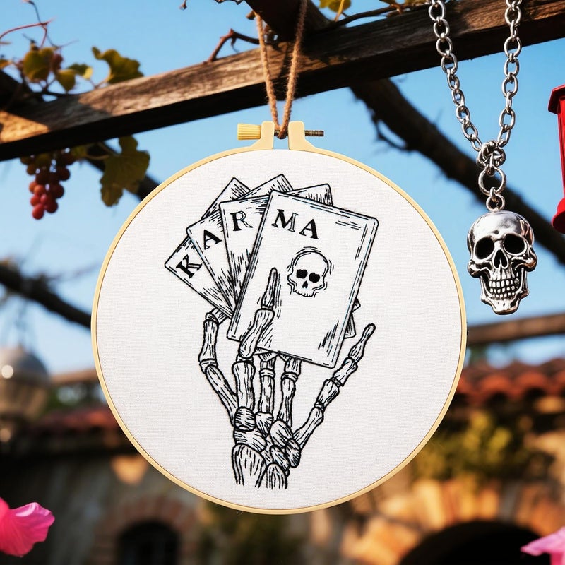 Crafmanoe Gothic Tarot Embroidery Kits for Beginners Adults, Halloween Hand Bone Embroidery Starter Kits, Skull Cross Stitch Kits for Beginner Adults Hobbies for Women, Embroidery Fabric, Hoops & Video Tutorial - Image 3